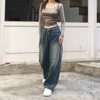 Vintage Brush Washing Wide Denim Pants Washed Jeans