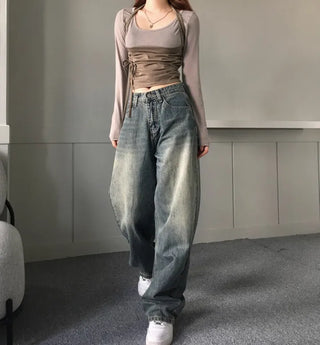 Vintage Brush Washing Wide Denim Pants Washed Jeans