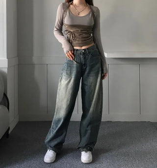 Vintage Brush Washing Wide Denim Pants Washed Jeans