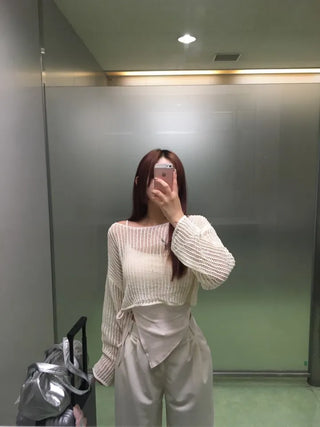 Loose Fit Cropped Mesh Long-Sleeved Knitwear Knit Crop