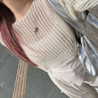Loose Fit Cropped Mesh Long-Sleeved Knitwear Knit Crop