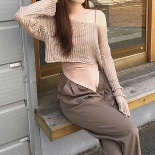 Loose Fit Cropped Mesh Long-Sleeved Knitwear Knit Crop