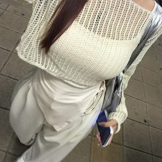 Loose Fit Cropped Mesh Long-Sleeved Knitwear Knit Crop