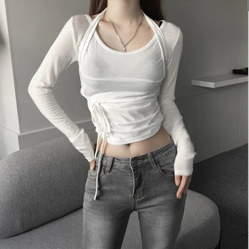 Unique Shirring Strap Long-Sleeved Long Sleeve T-shirt Tee
