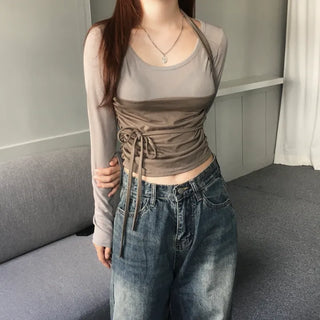 Unique Shirring Strap Long-Sleeved Long Sleeve T-shirt Tee