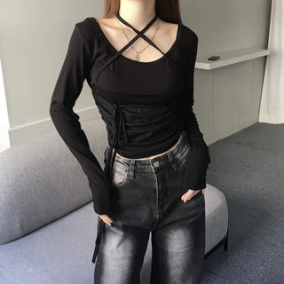 Unique Shirring Strap Long-Sleeved Long Sleeve T-shirt Tee