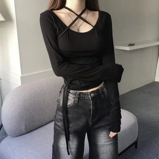 Unique Shirring Strap Long-Sleeved Long Sleeve T-shirt Tee