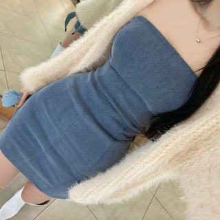 Spandex Slim Top Pintuck Stretchy Mini Denim Dress