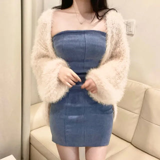 Spandex Slim Top Pintuck Stretchy Mini Denim Dress