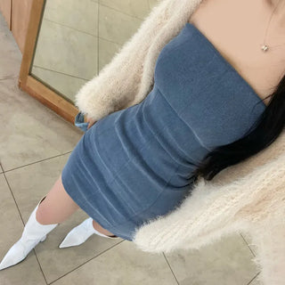 Spandex Slim Top Pintuck Stretchy Mini Denim Dress