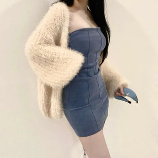 Spandex Slim Top Pintuck Stretchy Mini Denim Dress