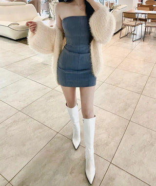 Spandex Slim Top Pintuck Stretchy Mini Denim Dress