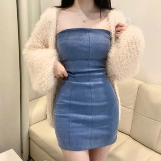 Spandex Slim Top Pintuck Stretchy Mini Denim Dress