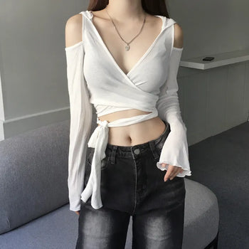 Unique Shoulder Slit Wrap Hooded T-shirt Hoodie Tied-up