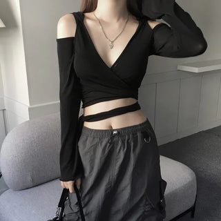 Unique Shoulder Slit Wrap Hooded T-shirt Hoodie Tied-up