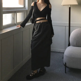 Unique Shoulder Slit Wrap Hooded T-shirt Hoodie Tied-up