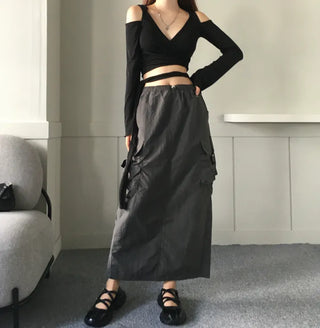 Unique Shoulder Slit Wrap Hooded T-shirt Hoodie Tied-up