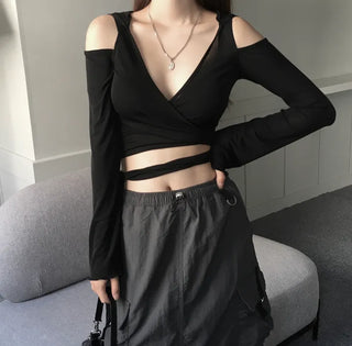 Unique Shoulder Slit Wrap Hooded T-shirt Hoodie Tied-up