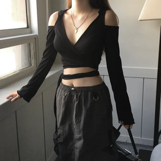 Unique Shoulder Slit Wrap Hooded T-shirt Hoodie Tied-up