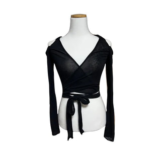 Unique Shoulder Slit Wrap Hooded T-shirt Hoodie Tied-up
