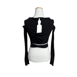 Unique Shoulder Slit Wrap Hooded T-shirt Hoodie Tied-up