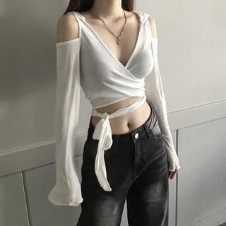 Unique Shoulder Slit Wrap Hooded T-shirt Hoodie Tied-up