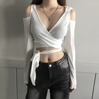 Unique Shoulder Slit Wrap Hooded T-shirt Hoodie Tied-up