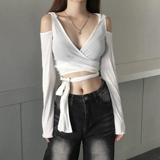 Unique Shoulder Slit Wrap Hooded T-shirt Hoodie Tied-up