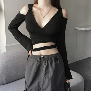 Unique Shoulder Slit Wrap Hooded T-shirt Hoodie Tied-up
