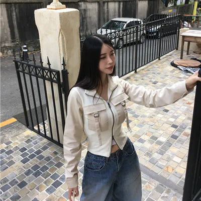 Denim Buckle Ribbed Zip-Up Unique Two-Way Biker Jacket