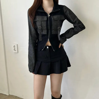 Denim Buckle Ribbed Zip-Up Unique Two-Way Biker Jacket