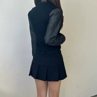 Denim Buckle Ribbed Zip-Up Unique Two-Way Biker Jacket