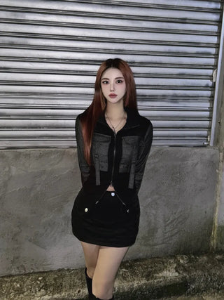 Denim Buckle Ribbed Zip-Up Unique Two-Way Biker Jacket