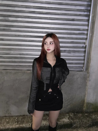 Denim Buckle Ribbed Zip-Up Unique Two-Way Biker Jacket