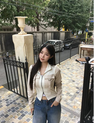 Denim Buckle Ribbed Zip-Up Unique Two-Way Biker Jacket