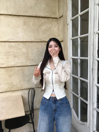 Denim Buckle Ribbed Zip-Up Unique Two-Way Biker Jacket