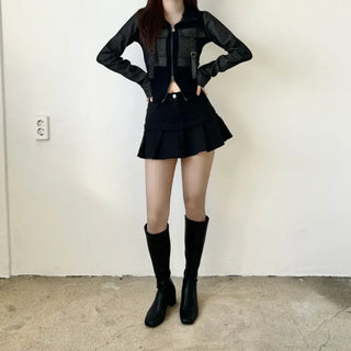 Denim Buckle Ribbed Zip-Up Unique Two-Way Biker Jacket