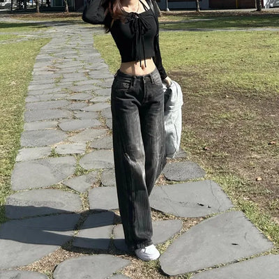 Pleated Vintage Washing Dark Blue Denim Pants Washed