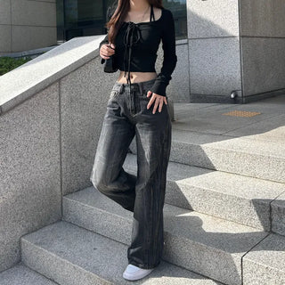 Pleated Vintage Washing Dark Blue Denim Pants Washed