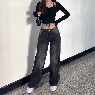 Pleated Vintage Washing Dark Blue Denim Pants Washed