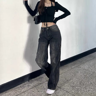 Pleated Vintage Washing Dark Blue Denim Pants Washed