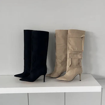 8cm Pocket Stiletto Cargo Long Boots Work Pointed-Toe