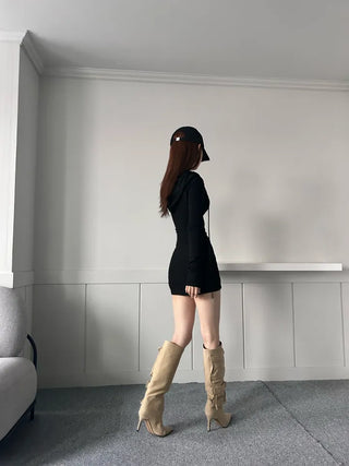 8cm Pocket Stiletto Cargo Long Boots Work Pointed-Toe