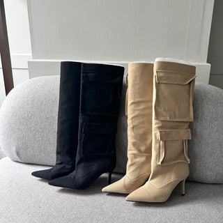 8cm Pocket Stiletto Cargo Long Boots Work Pointed-Toe