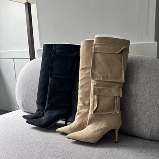 8cm Pocket Stiletto Cargo Long Boots Work Pointed-Toe