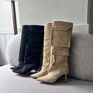 8cm Pocket Stiletto Cargo Long Boots Work Pointed-Toe