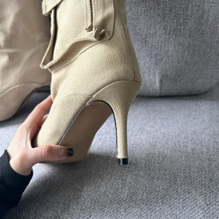 8cm Pocket Stiletto Cargo Long Boots Work Pointed-Toe