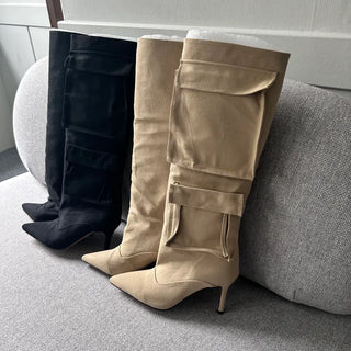 8cm Pocket Stiletto Cargo Long Boots Work Pointed-Toe