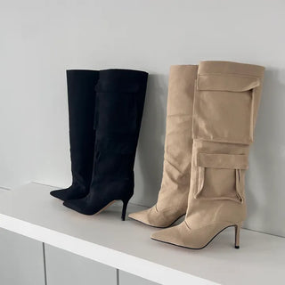 8cm Pocket Stiletto Cargo Long Boots Work Pointed-Toe