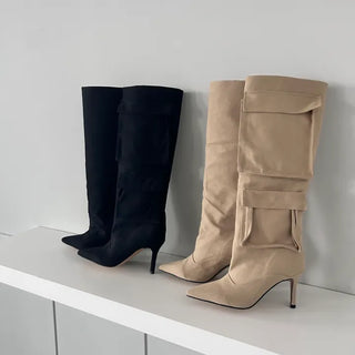 8cm Pocket Stiletto Cargo Long Boots Work Pointed-Toe